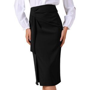 Women's Work Wrap Skirts Bow Tie Office Slit Midi Skirt Black